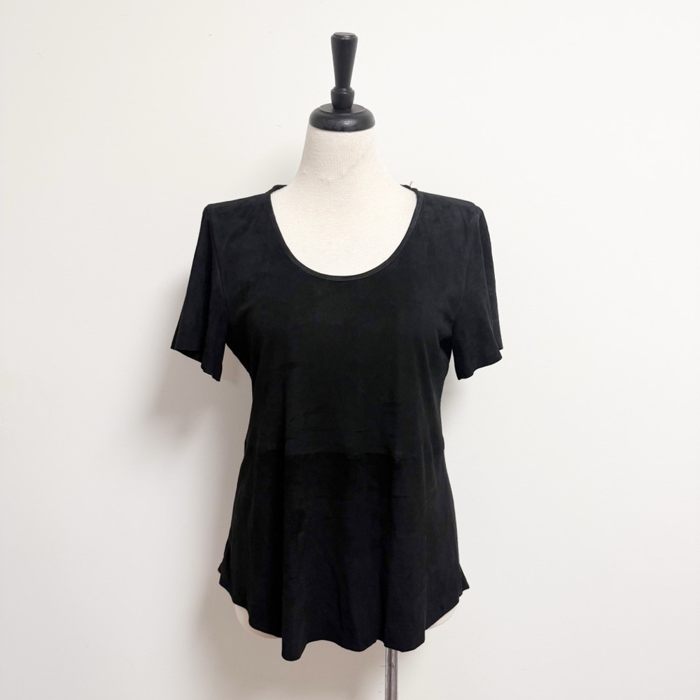 AS By DF Black Suede Leather Knit Back Short Sleeve Scoop Neck Top Medium
